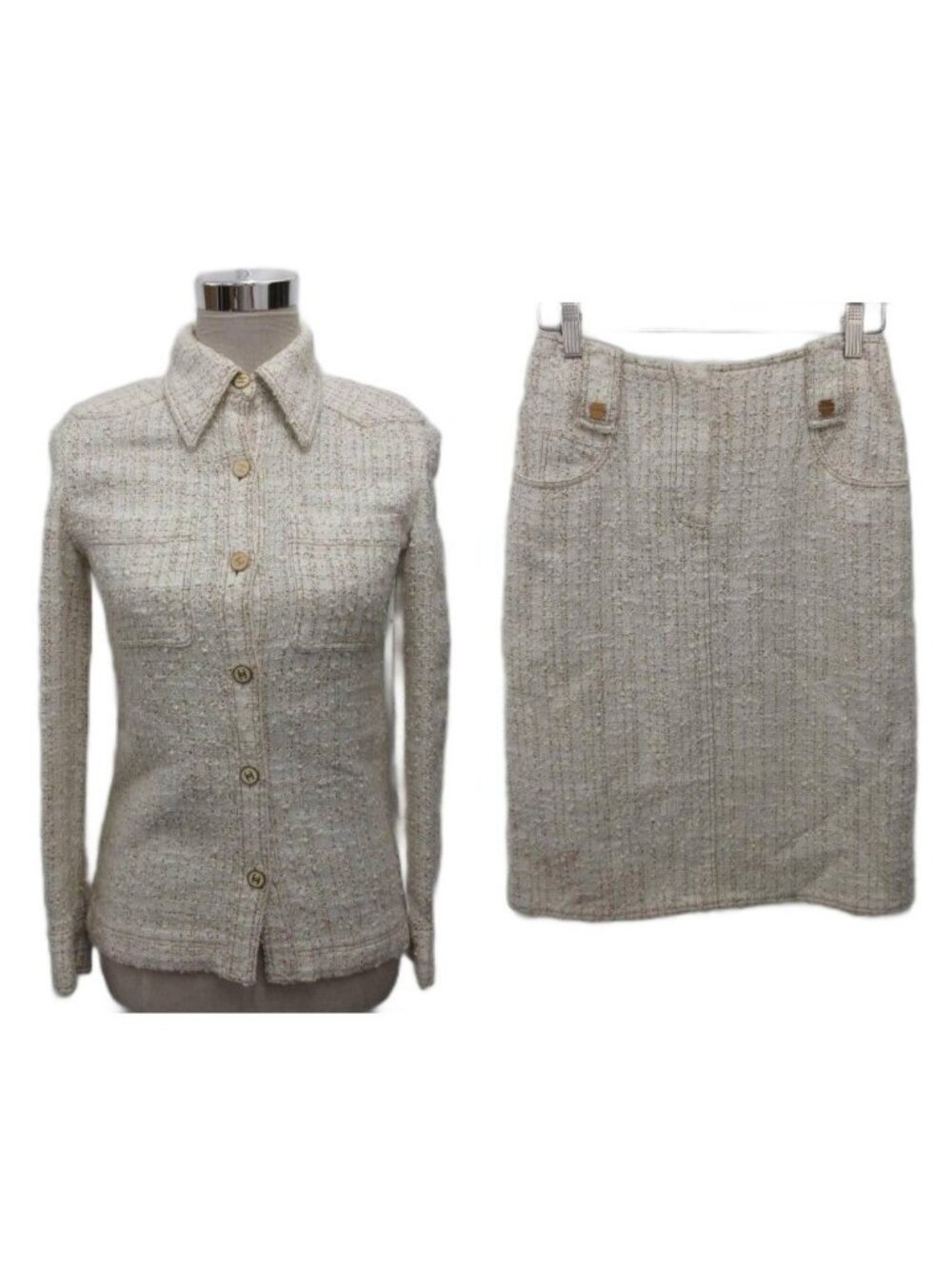 Chanel 01P Fancy Tweed CC Logo Button Shirt Jacket Pencil Skirt Suit S White 36